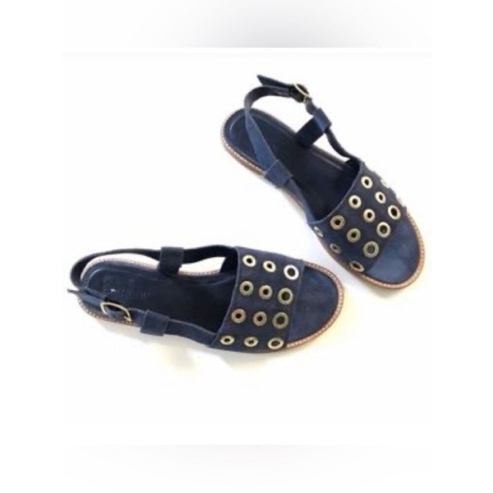 J. Crew Blue Suede Leather Gold Grommet Slingback Nautical Flat Sandals - Picture 2 of 14